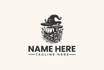 Obraz premium A black and white vector illustration of a witch's hat on a pumpkin with floral elements and a placeholder text for a logo or brand name on a beige background.