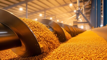 Closeup of soybeans being transported by an auger conveyor in a large industrial grain storage facility