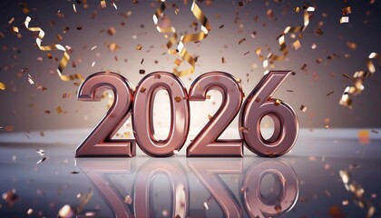 3D Render of Year 2026 Celebration with Falling Confetti and Streamers
