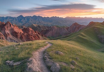 Serene mountain landscape with winding dirt path at sunset, green grassy hills and rugged rocky terrain