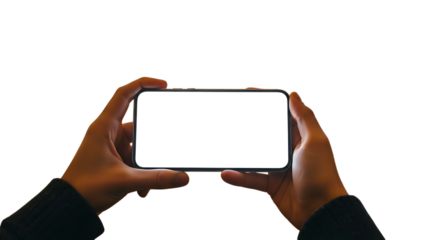 Person holding smartphone horizontally with blank white screen isolated on white background, technology mockup concept


