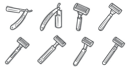 A collection of various shaving razors and grooming tools in black and white outline vector style, suitable for barber shop branding and personal care projects