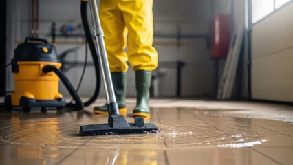 Fototapeta premium Worker in yellow protective suit cleaning wet floor with wetdry vacuum cleaner in workshop