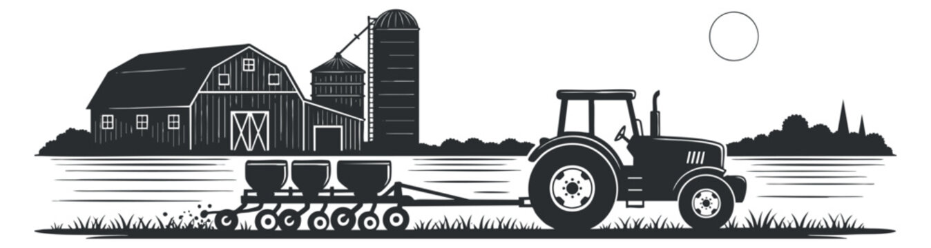 A silhouette of a tractor pulling a planter near a barn and silo in black and white vector style, ideal for agricultural themes