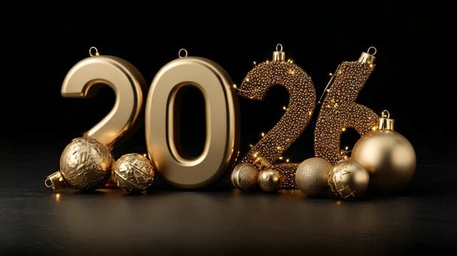 Shiny golden 2026 numbers decorated as Christmas ornaments with baubles, lights, and sparkles on dark background, holiday celebration concept