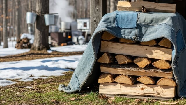Stack of firewood covered with a blue tarp in a snowy maple sugar bush with steam rising from a sugar shack in the background