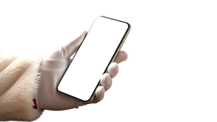 Santa Claus hand in white glove holding smartphone with blank white screen for Christmas greeting

