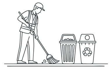A sanitation worker sweeping the street beside recycling and trash bins in outline vector style, suitable for environmental awareness projects