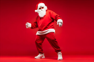 Man dressed as a stylish and modern Santa Claus wearing sunglasses and white sneakers on red background. Banner fashion design for Christmas season, holiday advertising, youth culture concepts.