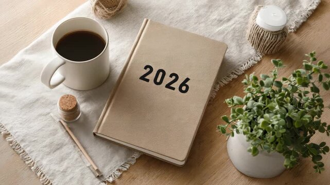 Hardcover 2026 planner with beige cover next to coffee mug, pen, and potted plant on wooden desk with linen cloth, concept of planning