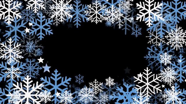 A festive scattering of blue and white snowflakes and stars drifts across a black background.