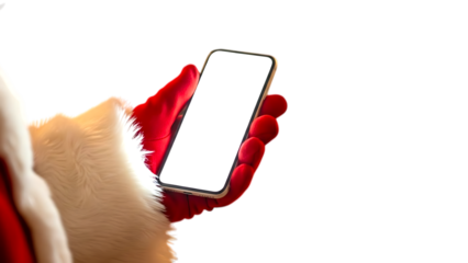 Santa Claus red gloved hand holding smartphone with blank white screen for Christmas message or greeting

