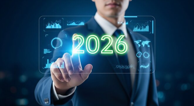 Man in suit touching glowing 2026 on futuristic screen - Powered by Adobe