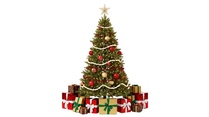 Decorated Christmas tree with presents on black background