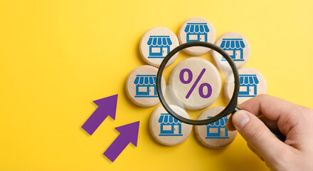 Business Strategy and Retail Store Analysis with Magnifying Glass and Percentage Icons