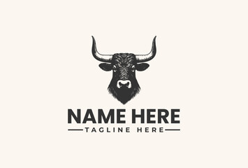 Obraz premium A black vector illustration of a bull's head with a placeholder name and tagline on a beige background.