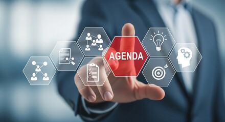 Man touching red hexagon with agenda and business icons