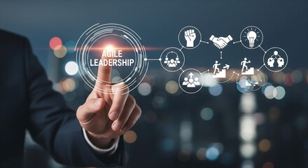 Man touching screen agile leadership icons city lights background
