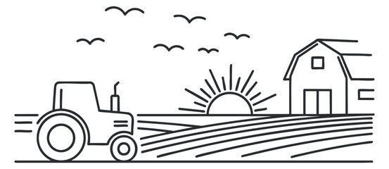 Obraz premium A tractor plowing fields with a barn and sunrise in minimalist line art vector style, ideal for agricultural themes