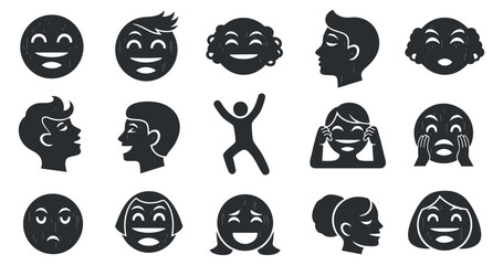Naklejka premium A collection of diverse facial expressions including happy, sad, and surprised faces in black and white vector style, suitable for emotional design projects