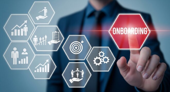 Man touching hexagon with onboarding text and business icons - Powered by Adobe