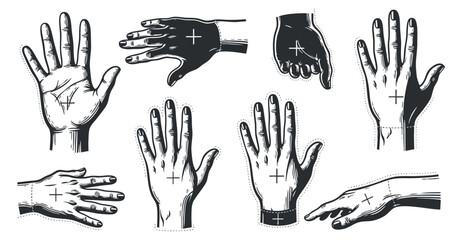 Fototapeta premium A collection of hand gestures and poses in black and white sketch vector style, suitable for artistic projects and graphic design