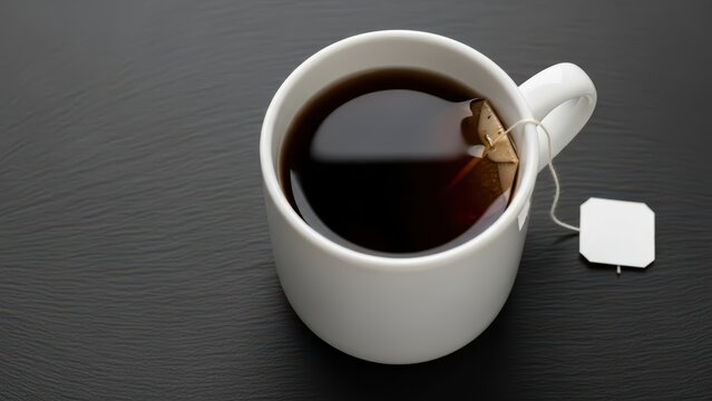 Cup of black tea with teabag on black textured surface
