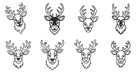 A set of eight deer head illustrations in black and white outline style, ideal for nature-themed designs and holiday decorations