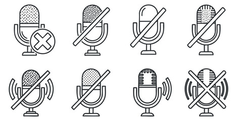 A collection of microphone icons in line art vector style, featuring muted and active states, suitable for audio and communication design