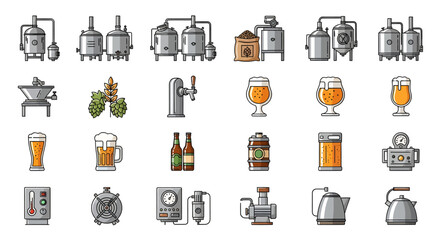 Brewery Equipment and Beer Production Set with Fermentation Tanks Kegs and Glassware