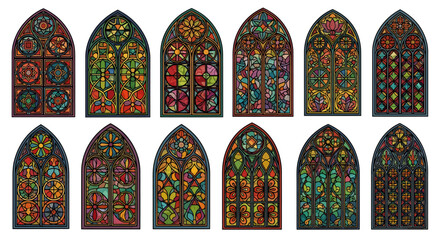 Gothic Stained Glass Window Set with Intricate Colorful Mosaic Patterns