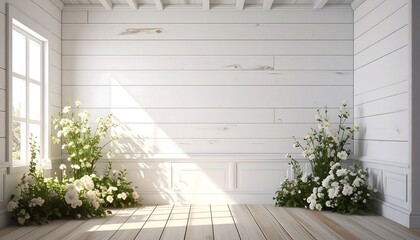 An empty room is lit by a large window. Two clusters of white flowers grow from the floor. Wood panel walls