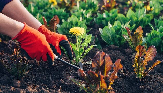 Gardening work with tool in soil among plants - Powered by Adobe