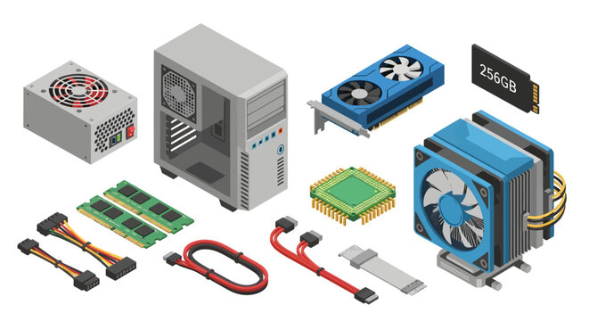Isometric Computer Hardware Set with PC Case CPU GPU and Components