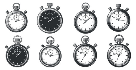 A collection of eight stopwatch illustrations in detailed black and white vector style, ideal for sports and fitness applications