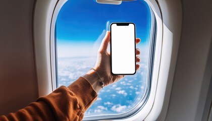 Hand Holding Smartphone With Blank Screen In Airplane Window View.