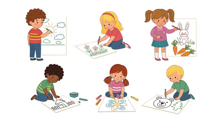 Kids Drawing and Painting Set with Diverse Children Creating Art and Coloring