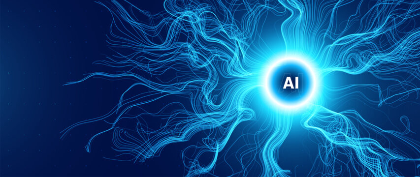 Glowing Abstract Neural Network With AI Core, Simulating Digital Brain Connections And Technology Flow On Dark Background. Futuristic Concept. Vector Illustration.
