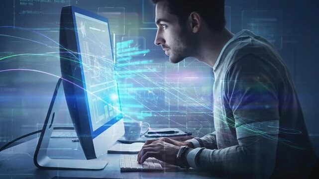 A Person Working on a Computer Coding with Advanced Visual Effects and Lights