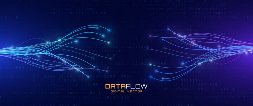 AI Neural Network And Fiber Optic Data Flow Vector Background. Modern Science Tech Presentation Design With Dynamic Growth Metrics And Futuristic Tech Aesthetics.