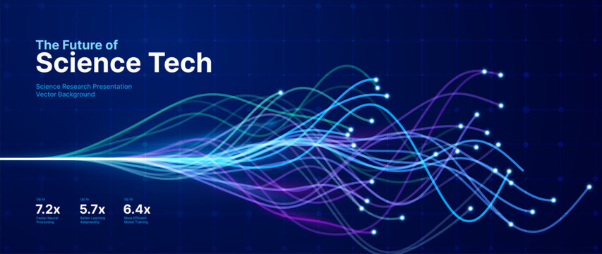 AI Neural Network And Fiber Optic Data Flow Vector Background. Modern Science Tech Presentation Design With Dynamic Growth Metrics And Futuristic Tech Aesthetics.