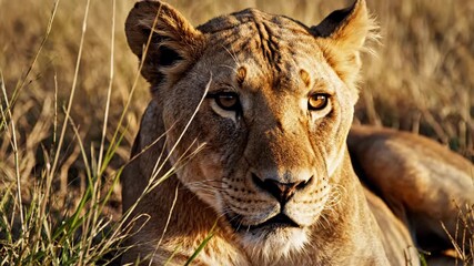 Close up portrait of a lioness resting in dry golden savanna grass during golden hour sunlight with detailed fur and piercing eyes in a natural