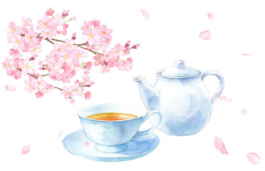 桜と紅茶の水彩イラスト 春のカフェメニュー クリップアート
