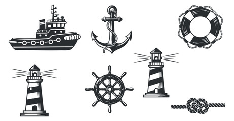A collection of nautical-themed icons including a lighthouse, boat, anchor, lifebuoy, and steering wheel in black and white vector style, perfect for maritime designs