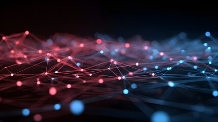 Abstract Network of Glowing Nodes and Lines in Blue and Red Hues.