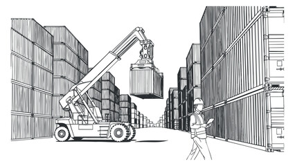 A worker inspecting cargo containers with a forklift in a black and white outline vector style, suitable for logistics and transportation projects