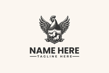 Obraz premium A vector logo illustration featuring a shield with a winged animal emblem and placeholder text on a beige background.