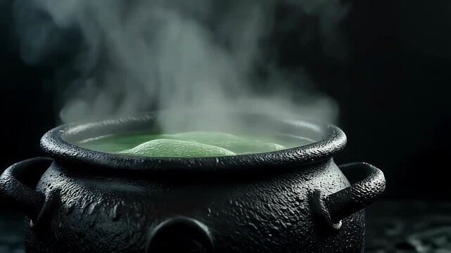 A bubbling cauldron with green liquid and steam.