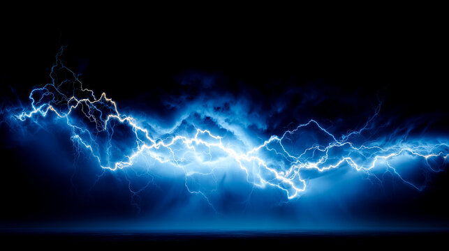 暗闇に激しく落ちる青い稲妻