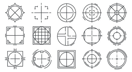 A collection of geometric outline icons featuring various circular and square designs in minimalist vector style, perfect for graphic design projects